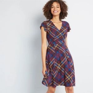 Modcloth A-Line Flutter Sleeve Dress Blue and Red